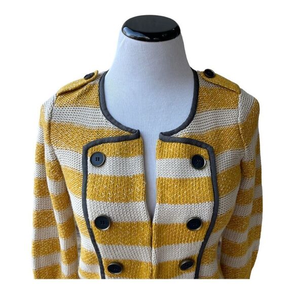 LOFT Double Breasted Round Neck Yellow Striped Cardigan Band Sweater Sz SP EUC - Picture 2 of 8
